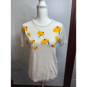 Banner Day Womens 100% Linen White Short Sleeve Yellow Floral Embroidered Tee 1